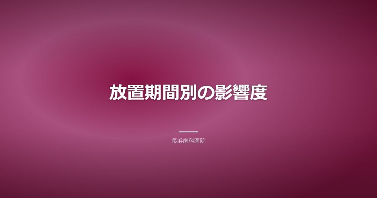 放置期間別の歯への影響を示す、タイムラインと歯の変化のイラスト（落ち着いたブルー）